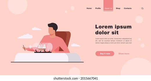 Person making craft with his own hands. Ship, bottle, hobby. Flat vector illustration. Handwork concept can be used for presentations, banner, website design, landing web page