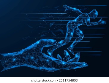 Person making a leap forward. The concept of a helping hand at the start. Polygonal design of interconnected elements. Blue background.