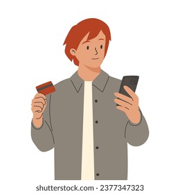 Persona haciendo pago electrónico en línea con teléfono y tarjeta bancaria. Hombre comprando algo. a través de internet y pagando por ello usando el teléfono. Ilustración vectorial plana coloreada aislada en fondo blanco