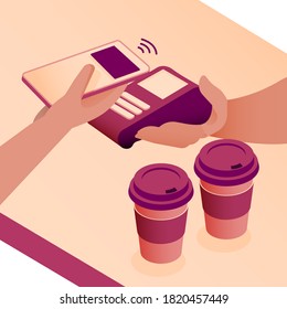 Person Making Payment Through Smartphone in Cafeteria for Coffee Cups To Go. Modern Illustration Contactless Concept. Close Up.