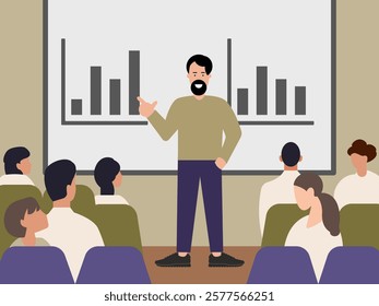 Person making a presentation at a conference, seminar, team meeting, workshop for a group of people