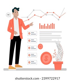 a person making a presentation. The tablet and phone screen displays various charts, graphs and tables that symbolize office data and statistics.