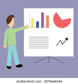 A person is making a presentation while looking at the data on the screen vector image illustration