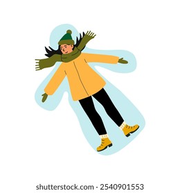 A person making a snow angel in a winter landscape wearing a bright coat and warm accessories