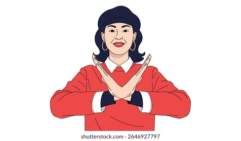 Pessoa fazendo um sinal X com as mãos para significar gesto de parada ou proibição indicando uma resposta negativa ou desacordo com entusiasmo e confiança