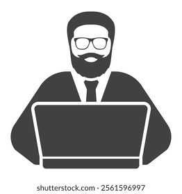 person man with beard face working for laptop computer business icon