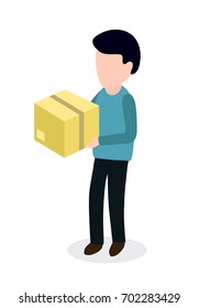 Person man with box sending parcel. Delivery man in isometry concept. Vector modern flat style cartoon character illustration icon design.Isolated on white background. 