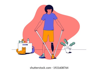 Person (man) with disability (with prosthetic leg) doing stretching lunges with resistance band near a potted flower, dumbbell, bottle of water and a cat. Cartoon Flat Vector Illustration, Line art.
