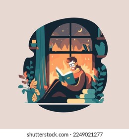 Person man enjoy shit down reading a book  in the chair hygge concept vector flat color illstration