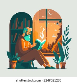 Persona a la que le gusta leer un libro en la silla hygge concepto vector color plano