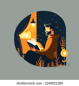 Der Mensch genießt es, ein Buch im Sessel-hygge-Konzept zu lesen, Vektorgrafik mit flachen Farben