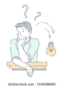 Person, man having doubts, no idea how to solve an issue, scratching chin, confused with worried look, question mark above his head, lightbulb symbol going down, colorful doodle sketch illustration