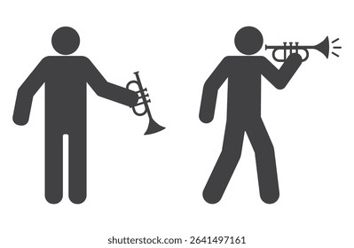 person man hold in hand trumpet music instrument icon set