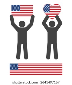 person man hold in hand USA national flag and banner heart shape icon set