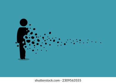 Person man human disappearing, vanishing, and fading away into small sands, dusts, and ashes.  Vector illustrations depict concept of pass away, gone, death, perish, and end of life. 