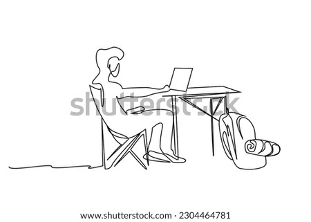 person man nature camping table laptop using backpack lifestyle line art