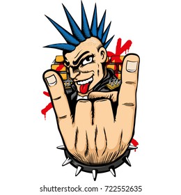 Person man representing the punk movement, with mohawk hair making horns with his fingers and tongue out. Ideal for materials on culture and social movements.