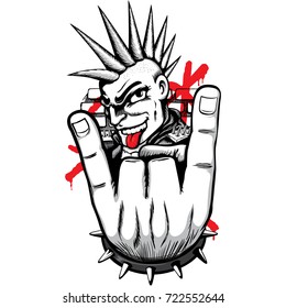 Person man representing the punk movement, with mohawk hair making horns with his fingers and tongue out. Ideal for materials on culture and social movements.