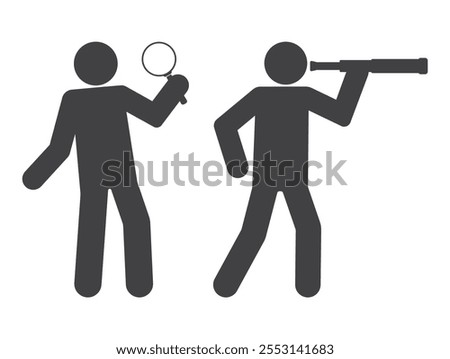 Person man with telescope magnifying glass lens in hand icon