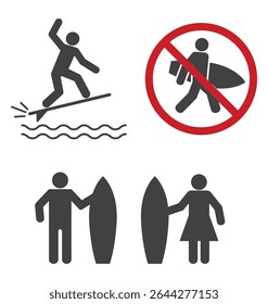 person man and woman surfing with board on wave icon and warning stop sign set