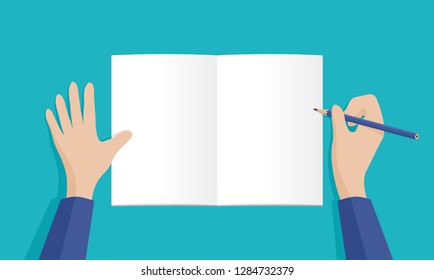 Person (man or woman) writes a message (document, sheet or to-do list) in top view - vector template with opened blank white note book and human hands holding pencil