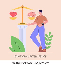 Person managing and improving emotional intelligence. Self control feeling, balance of emotions and brain. Concept of personal soft skills, mental health, self regulation. Vector illustration