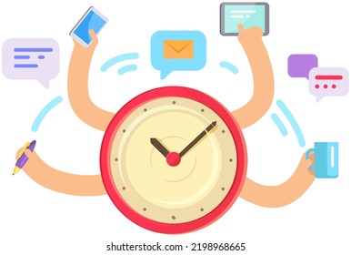 Person with many hands coping with multitasking. Employee trying to deal with deadlines. Businessman doing multiple tasks vector illustration. Overworking, overload at work, brainstorming concept