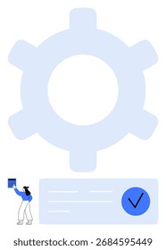 Eine Person, die eine Checkliste mit einem blauen Häkchen vor einem großen blauen Zahnrad markiert. Ideal für Produktivität, Aufgabenmanagement, Projektplanung, Effizienz, Organisation, Workflow-Optimierung, Teamarbeit