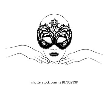 Person in mask of Columbine. Holiday mask for face cover at carnival or masquerade. Festival costume part for brazil festive or venice mardi gras. Decoration for face at theater, opera. Sketch drawing