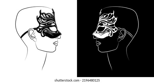 Person in mask of Columbine. Holiday mask for face cover at carnival or masquerade. Festival costume part for brazil festive or venice mardi gras. Decoration for face at theater, opera. Sketch drawing