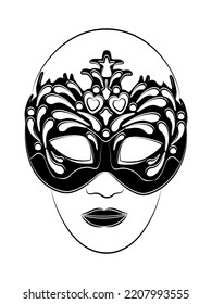 Person in mask of Columbine. Holiday mask for face cover at carnival or masquerade. Festival costume part for brazil festive or venice mardi gras. Decoration for face at theater, opera. Sketch drawing