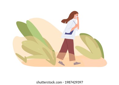 Person in mask going through sand dust during sandstorm in desert. Bad stormy and windy weather with polluted dusty air. Colored flat vector illustration of sandy wind isolated on white background