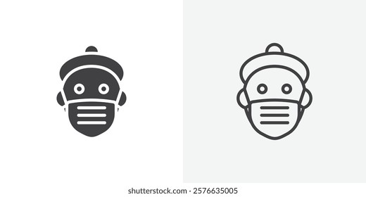 Person in mask icon set in black flat solid and outlined style.