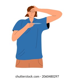 A person measures body temperature with a thermometer. A symptom of flu, colds, coronavirus, hypertension. Vector illustration in flat style