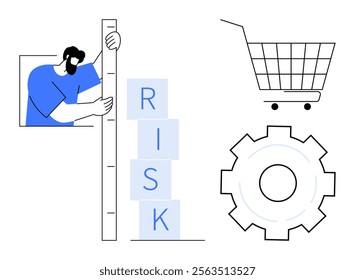 A person measures stacked blocks spelling RISK with a vertical scale. Nearby are shopping cart and gear symbols. Ideal for risk assessment, business strategy, project management, process improvement