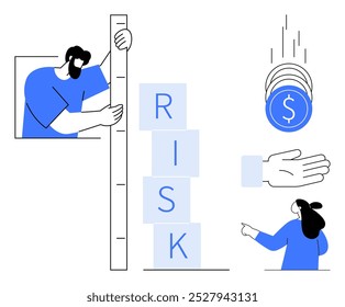 La persona mide el riesgo de la palabra en los bloques de apilamiento, las monedas caen en una mano abierta y una mujer señala. Ideal para riesgo financiero, inversión, decisiones de negocio, planificación financiera, análisis económico. Estilo