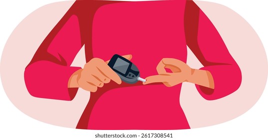 
Person Measuring Blood Sugar with Glucometer Vector Illustration. Patient monitoring her  hyperglycemia with a medical tool

