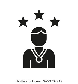 Person With Medal And Stars Solid Icon. Achievement, Recognition, And Excellence Silhouette Symbol. Success And Award Representation. Isolated Vector Illustration.