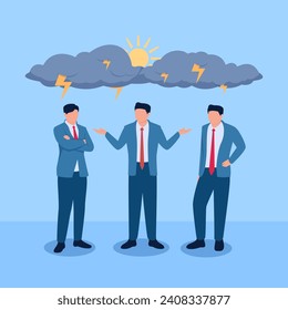 person mediates between two people in conflict under a cloud, a metaphor for mediation. Simple flat conceptual illustration.