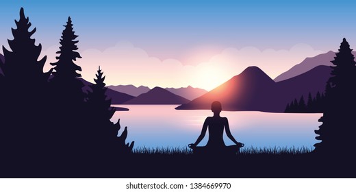 person mediating by the river in the forest at sunrise vector illustration EPS10