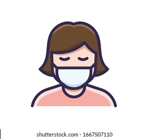 Person in medical face protection mask. Vector icon of a depressed and tired woman wearing a protective surgical mask. illustration for concepts of disease, sickness, alergies, pollution, corona virus