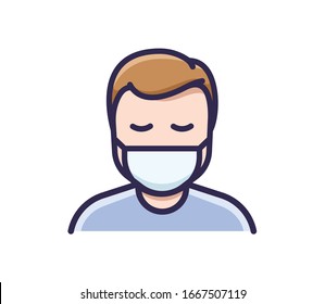 Person in medical face protection mask. Vector icon of a depressed and tired man wearing a protective surgical mask. illustration for concepts of disease, sickness, alergies, pollution, corona virus, 