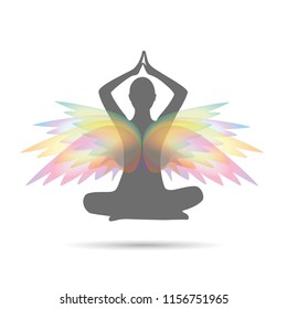 person meditates in a lotus pose with colorful wings vector illustration EPS10