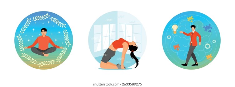 A person meditates sitting cross-legged surrounded by serene foliage. Female engaged in camel yoga pose at home. A man surrounded by brain mechanisms symbolizing mind fitness. Brain activity concept.