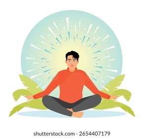 A person meditating among green leaves with a glowing background. Symbolizing positivity and inner calm. Mental health concept.