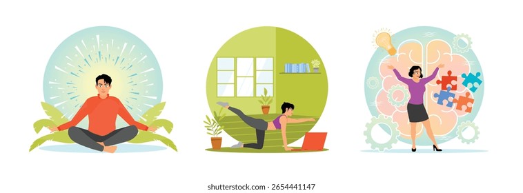 A person meditating among green leaves. Woman performs yoga exercises at home while following instructions on a laptop. Mind fitness and problem-solving. Mental health concept.