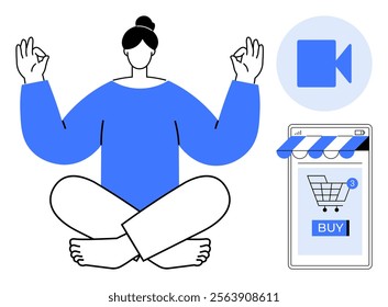 Person meditating in a calm position, a video symbol beside them, and a smart device displaying shopping cart with notifications. Ideal for mindful shopping, online relaxation, digital balance