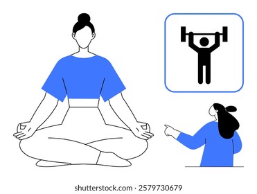 Person meditating in cross-legged position, woman pointing at weightlifting symbol. Ideal for mental health physical health wellness yoga meditation fitness mind-body balance. Modern vector art