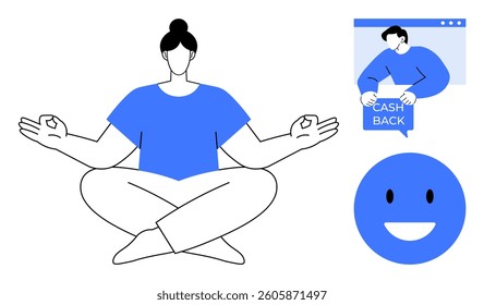 A person meditating in a cross-legged posture with a happy emotion and an individual receiving cashback on an online window. Ideal for relaxation, mindfulness, online shopping, happiness, financial