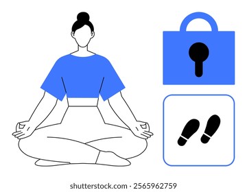 Person meditating in lotus position with a lock symbol and footprints. Ideal for meditation, mental wellness, physical health, security, privacy. Simple lines modern style